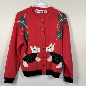 Side By Side Vintage 80s Cardigan Sweater L Red Argyle Westie Dog Kitschy